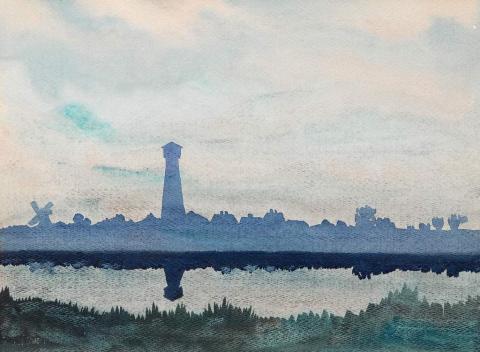 A watercolour painting of a canal with a water tower and windmill in the  background.