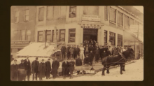 A screen grab of a black and white photograph of the exterior of the Royal Bank of Canada building.