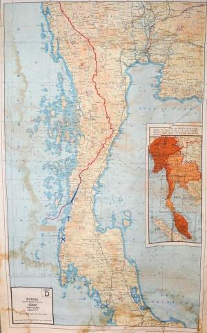 A vividly coloured silk map with India on one side, Burma/Siam on the  other.