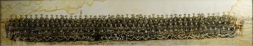 A panoramic black-and-white photograph of soldiers posing with a moose calf and bear cub.