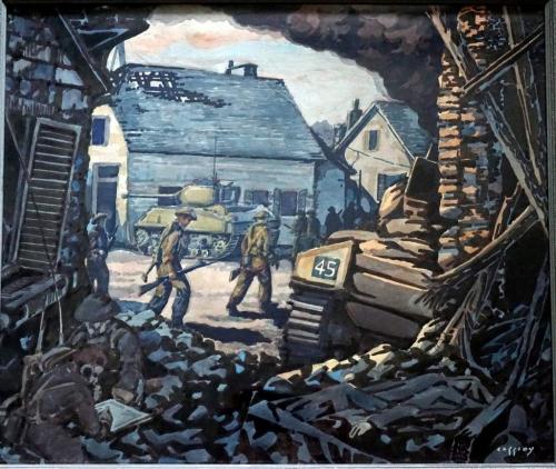 Une peinture d’un soldat dans un édifice rempli de décombres où l’on aperçoit d’autres soldats et un char à l’extérieur.