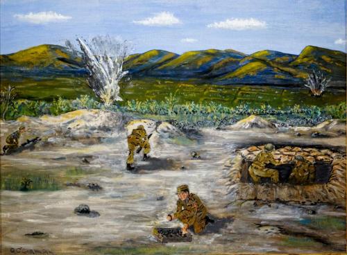 Une peinture amateur représentant cinq soldats dans un champ et des  explosions en arrière-plan.