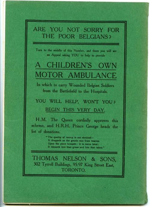 An advertisement on the back cover of a green schoolbook soliciting funds for  an ambulance.