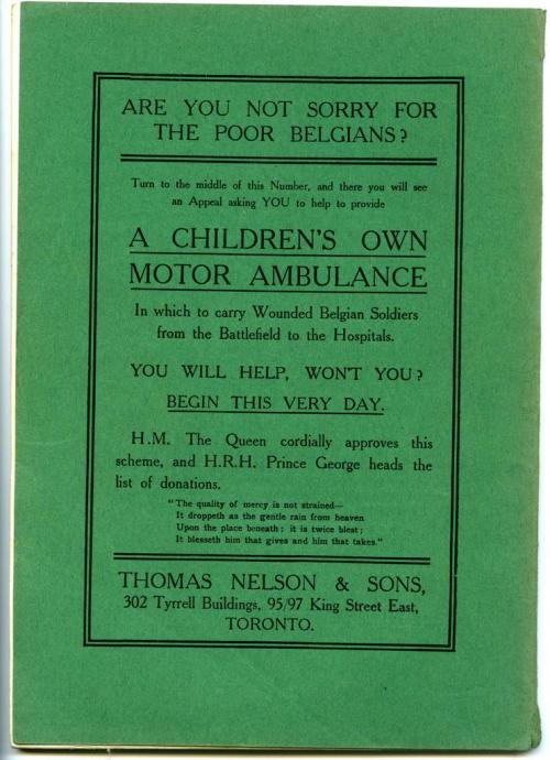 An advertisement on the back cover of a green schoolbook soliciting funds for  an ambulance.