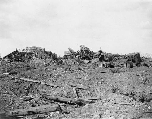 Alt text: A black-and-white photograph of a war-ravaged landscape