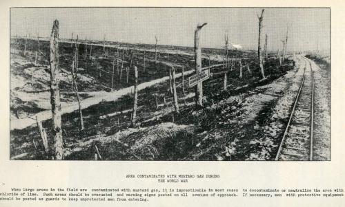 A black-and-white photograph of a desolate landscape and a sign warning of mustard gas contamination.