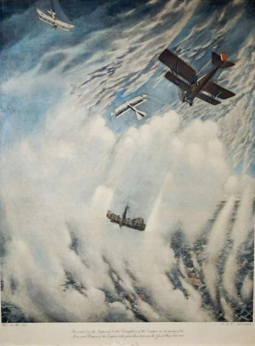 A print depicting WWI airplanes engaged in dogfight.
