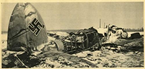 A black-and-white photograph of an airplane crashed on a snowbound landscape.