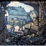 A painting of a soldier in a rubble filled building with more soldiers and a tank outside.