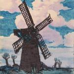 Une peinture d’un moulin contre un ciel bleu et rose.