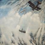 Une gravure évoquant des avions de la Première Guerre mondiale  participant à un combat tournoyant.