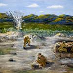 Une peinture amateur représentant cinq soldats dans un champ et des  explosions en arrière-plan.
