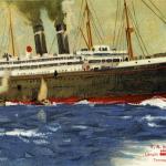 Une carte postale en couleurs d’un grand paquebot de luxe en mer.