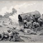 Un tableau en noir et blanc de soldats canadiens baïonnette à la main qui sont accroupis derrière une grande chaudière.